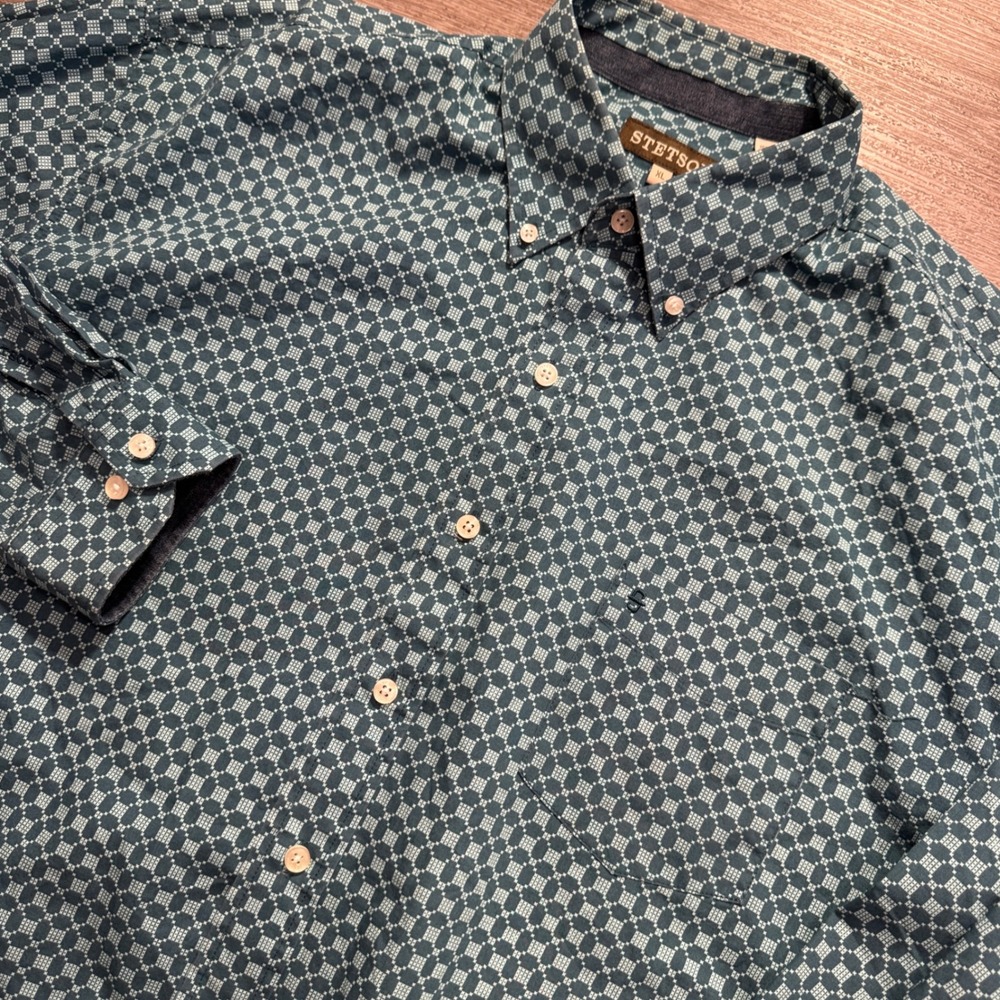 Stetson Shirt Mens XL Teal Cotton Geometric Print Western Rodeo Country Casual